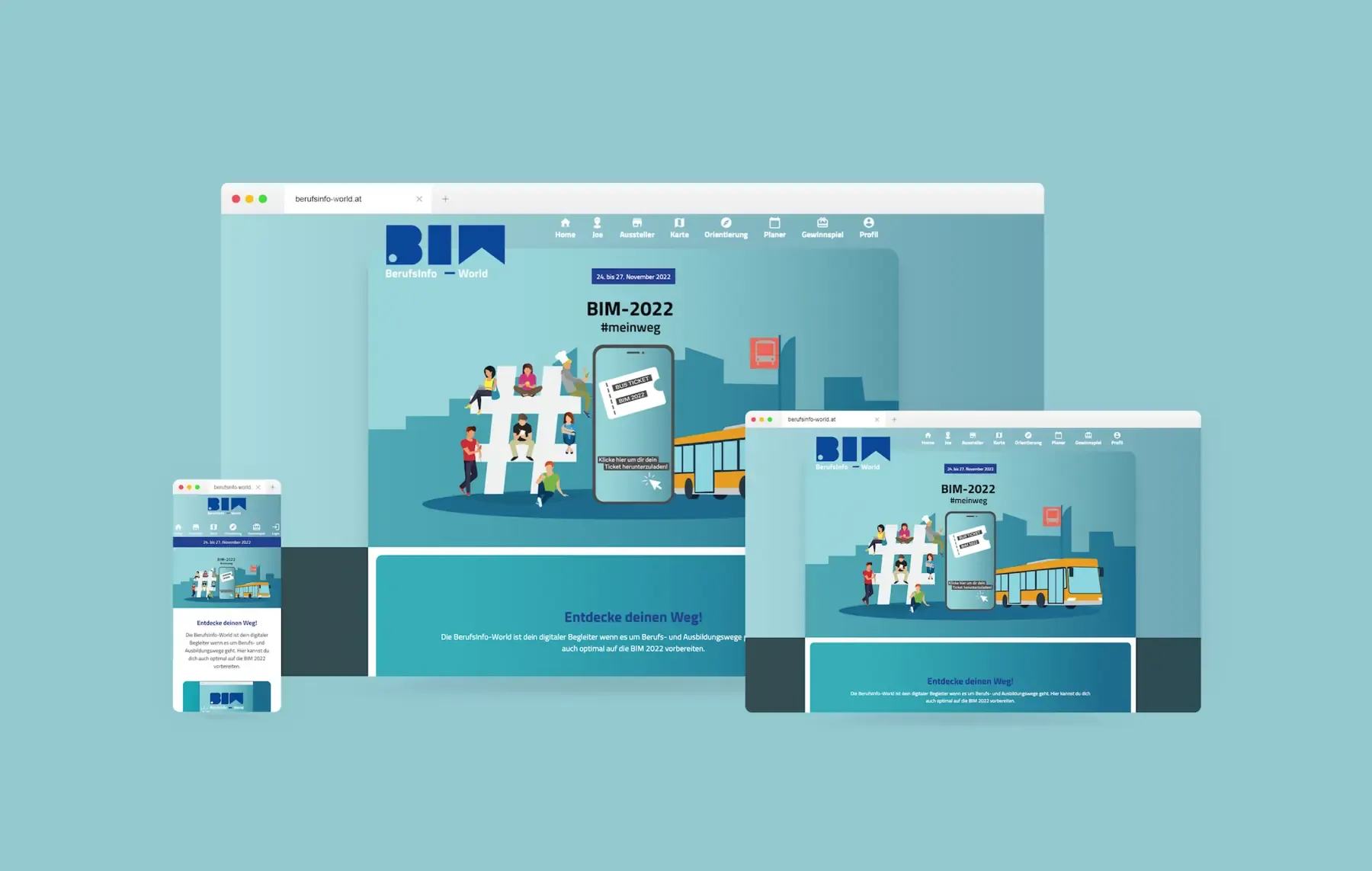Mehrere Ansichten der Berufsinfo-World-Plattform