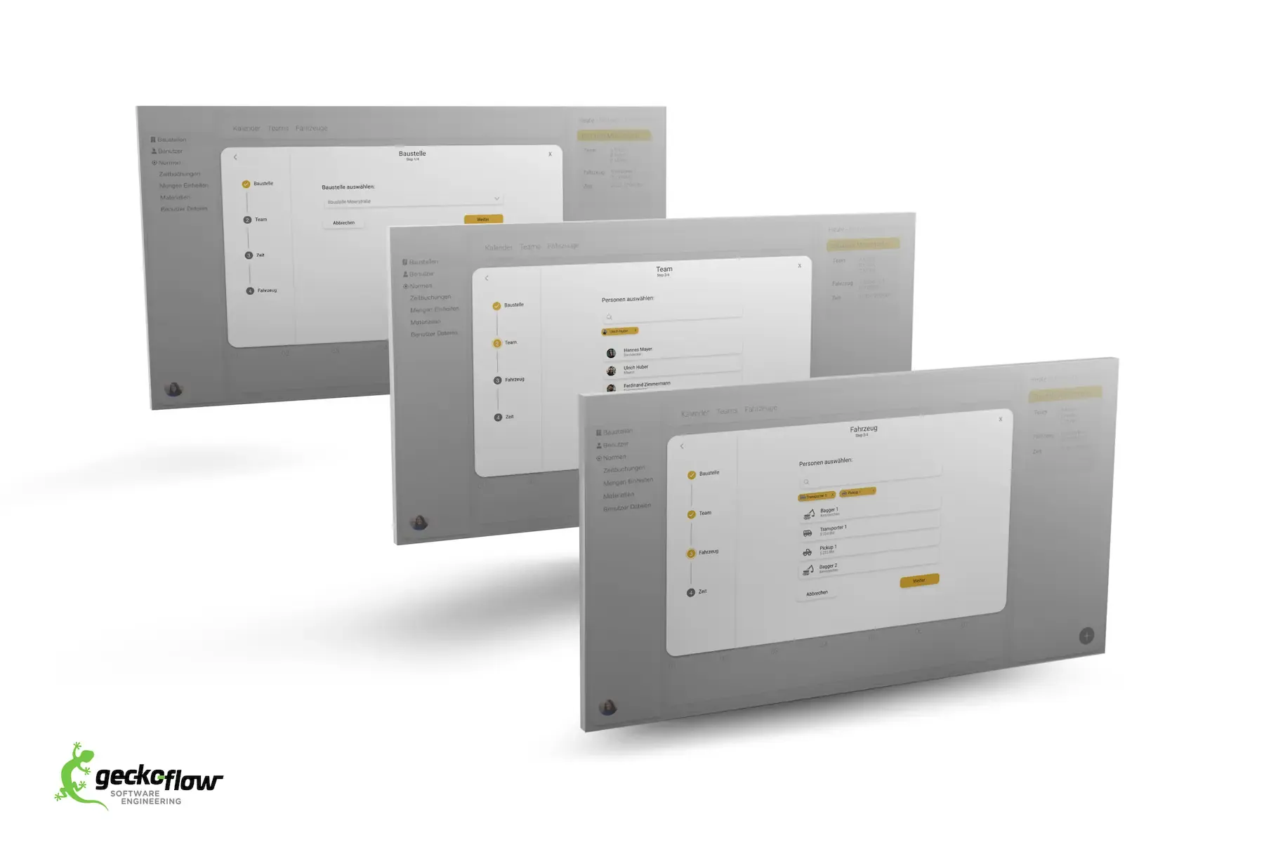 Mehrere Ansichten des Baustellen-Management-Tools Baumon