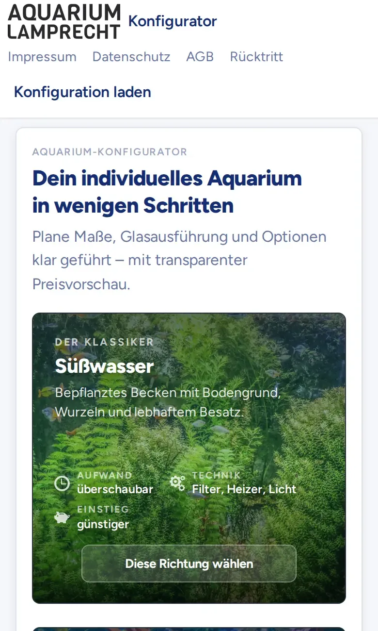 Der Aquarium-Konfigurator in der Smartphone-Ansicht
